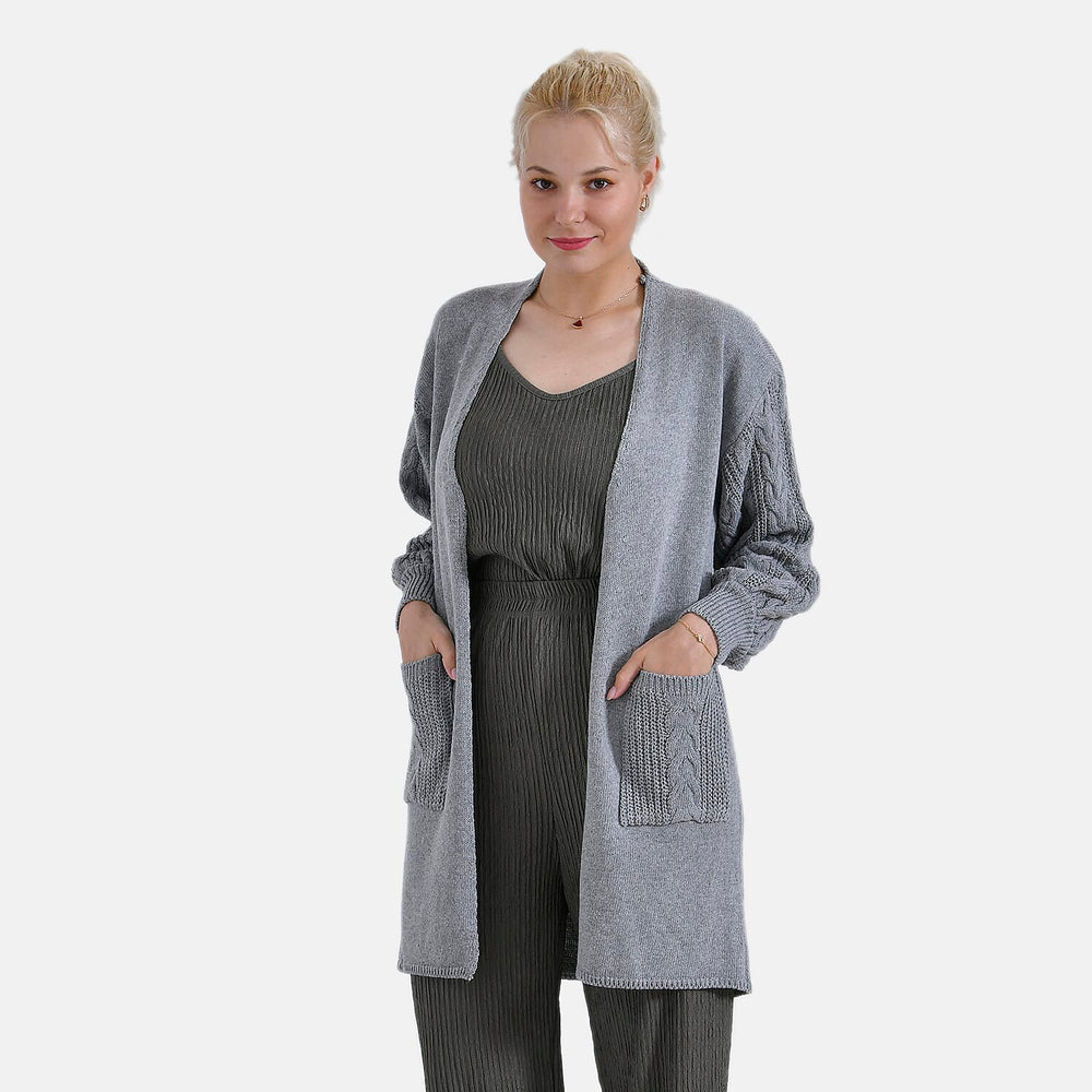 Tamsy Knitted Full Sleeves Open Front Cardigan with Pockets (Size - One Size) - Grey