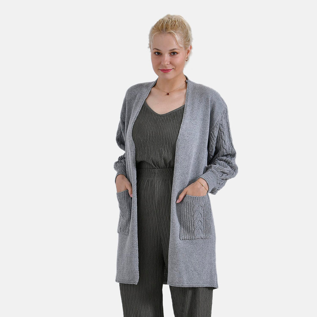 Tamsy Knitted Full Sleeves Open Front Cardigan with Pockets (Size - One Size) - Grey