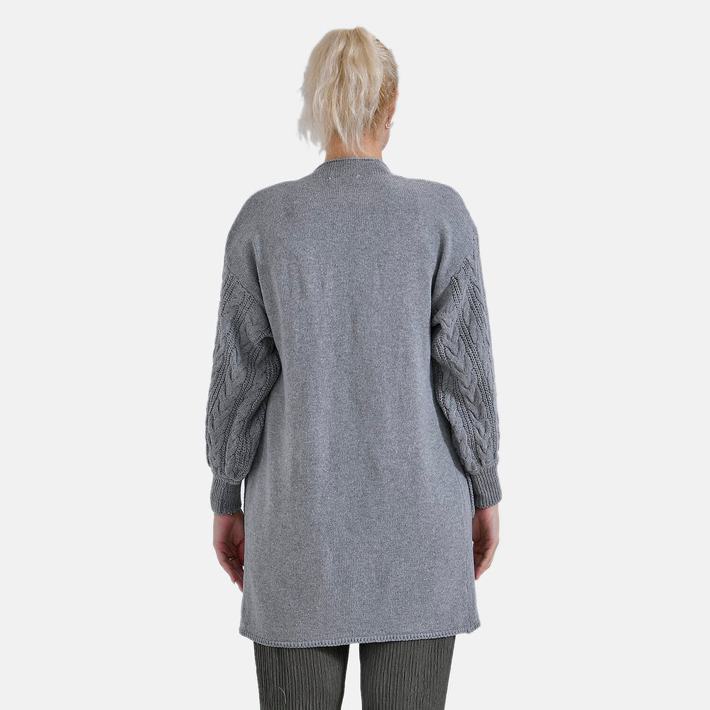 Tamsy Knitted Full Sleeves Open Front Cardigan with Pockets (Size - One Size) - Grey