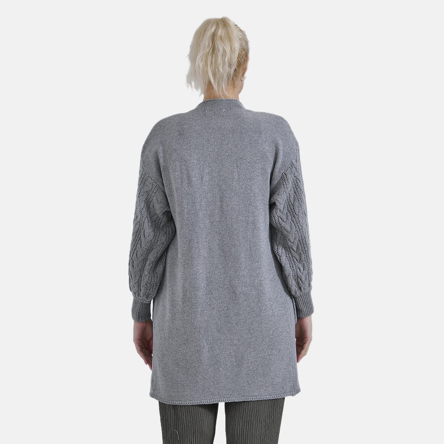Tamsy Knitted Full Sleeves Open Front Cardigan with Pockets (Size - One Size) - Grey