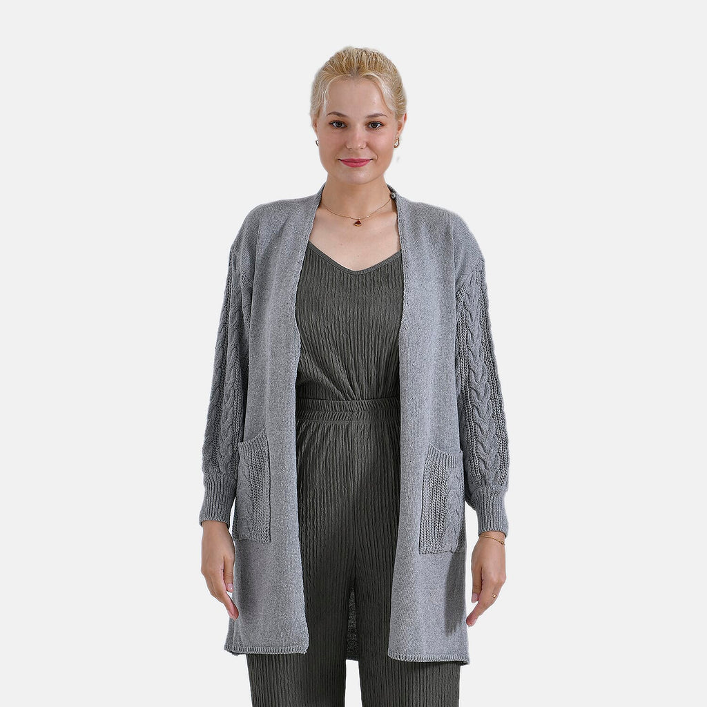 Tamsy Knitted Full Sleeves Open Front Cardigan with Pockets (Size - One Size) - Grey