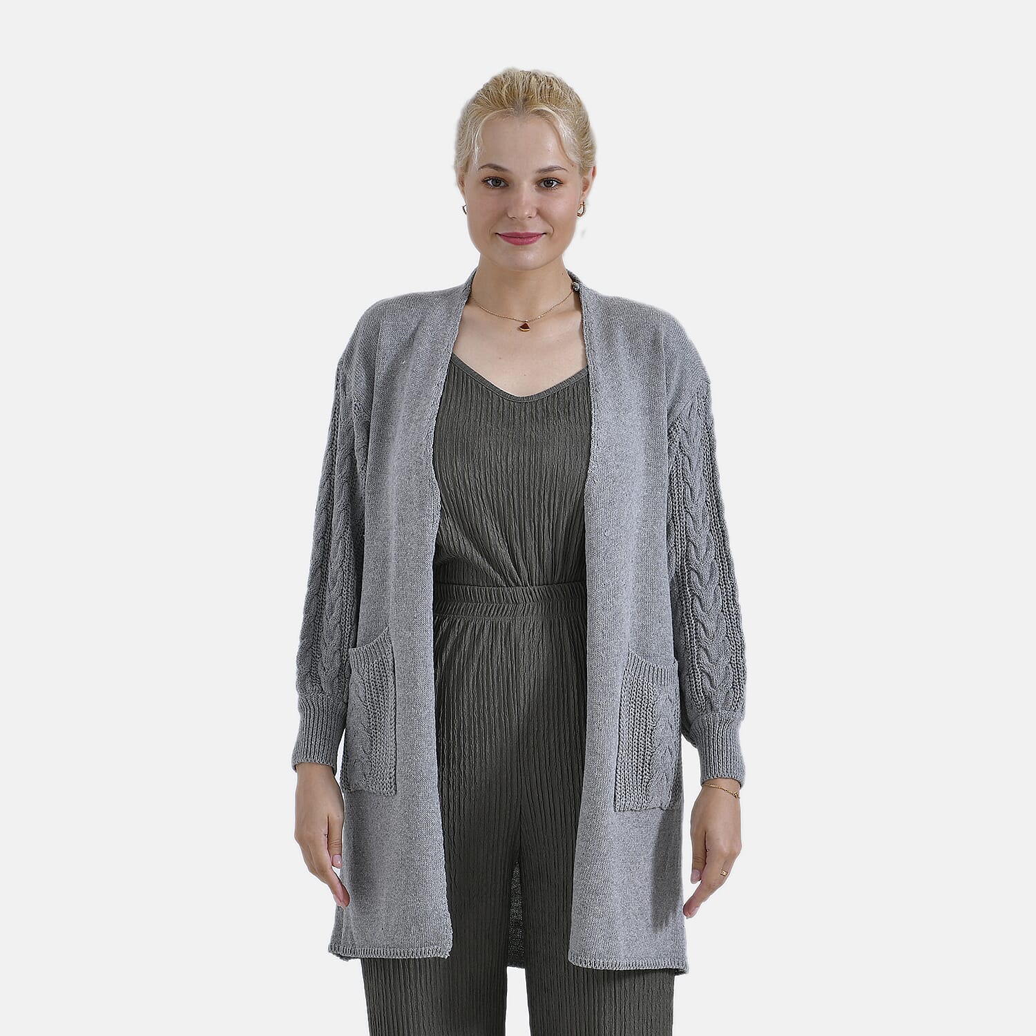 Tamsy Knitted Full Sleeves Open Front Cardigan with Pockets (Size - One Size) - Grey