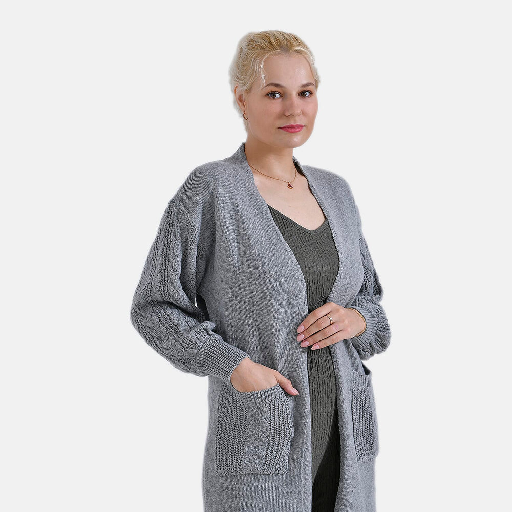 Tamsy Knitted Full Sleeves Open Front Cardigan with Pockets (Size - One Size) - Grey