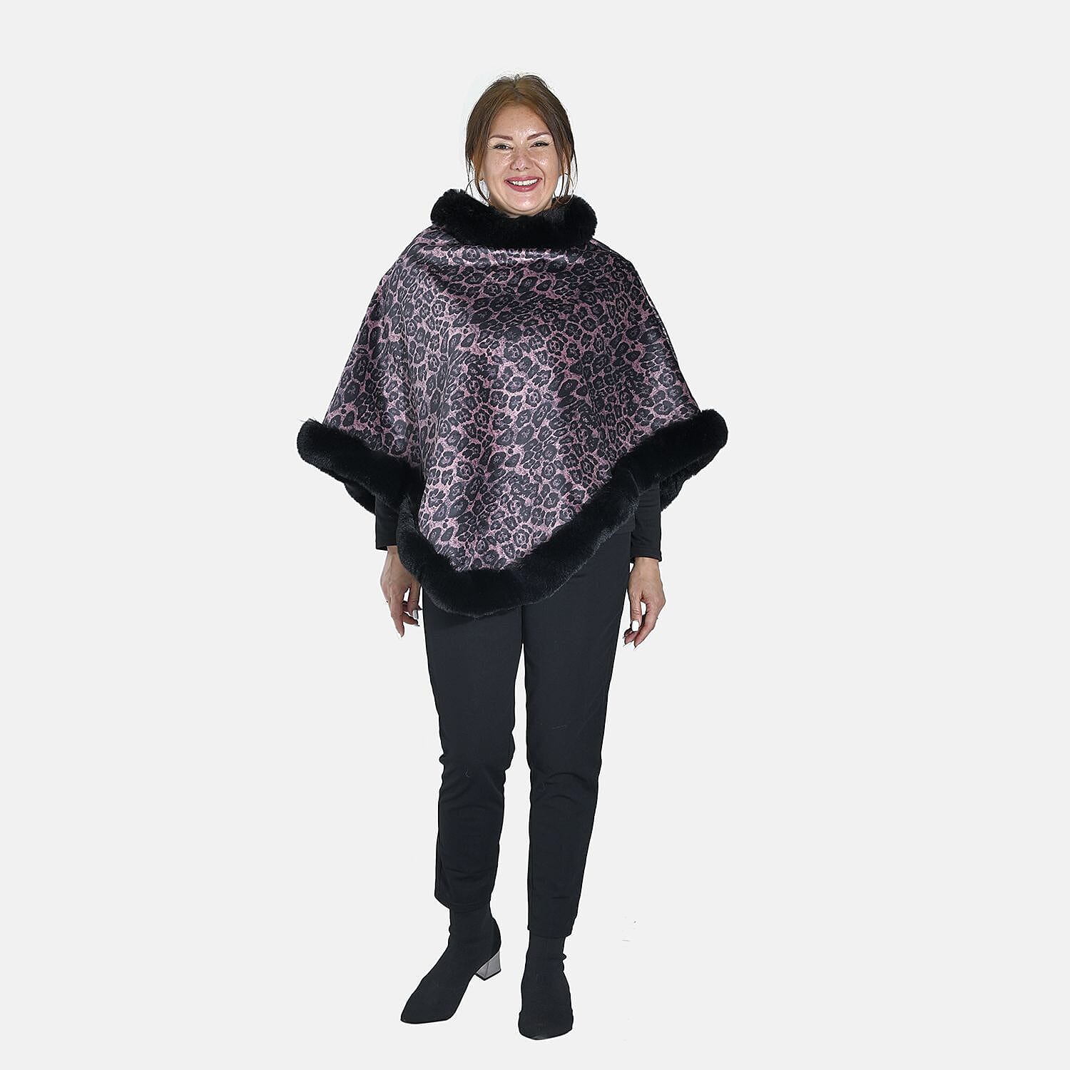 Tamsy Leopard Pattern Double Layer Faux Fur Trim Poncho (Size 8 -22) - Pink & Beige