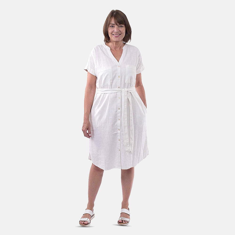 Tamsy Linen Blend Belted Dress (Size M,12-14) - White