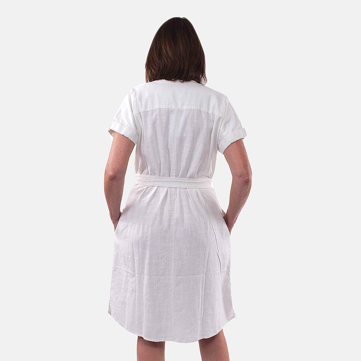 Tamsy Linen Blend Belted Dress (Size M,12-14) - White