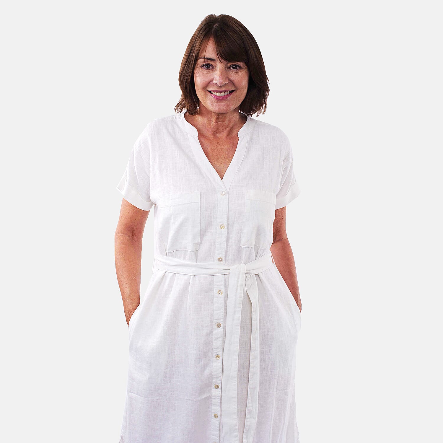 Tamsy Linen Blend Belted Dress (Size XXL,24-26) - White