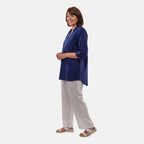 TAMSY Linen Blend Long Line Roll Up Sleeve Blouse (Size L) - Navy
