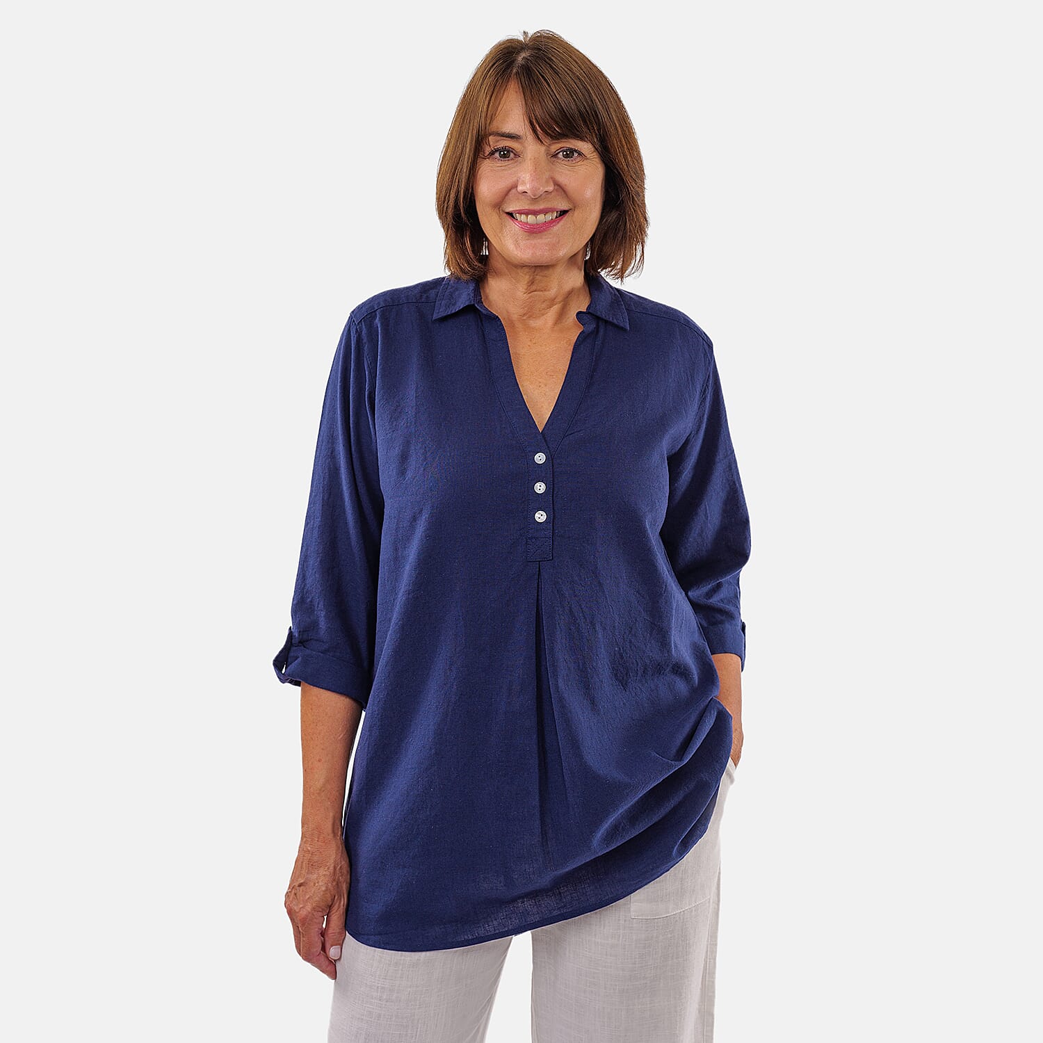 TAMSY Linen Blend Long Line Roll Up Sleeve Blouse (Size L) - Navy