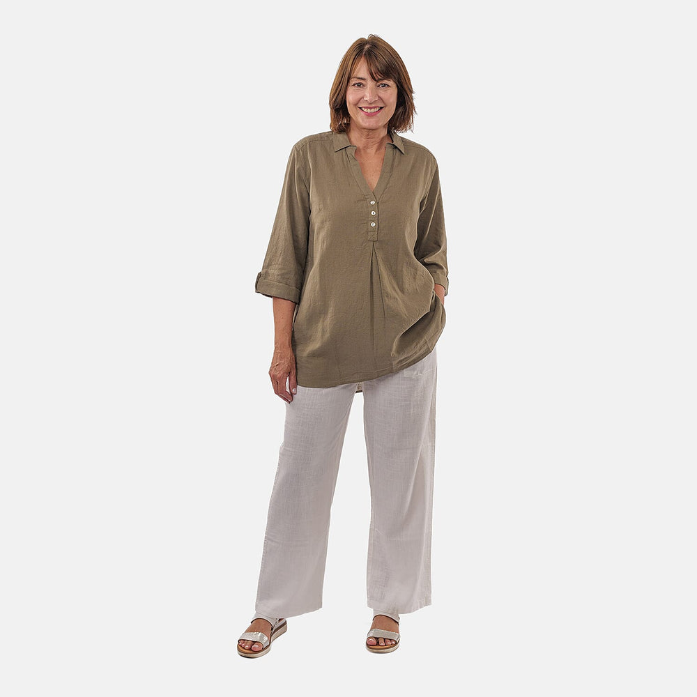 TAMSY Linen Blend Long Line Roll Up Sleeve Blouse (Size L) - Olive