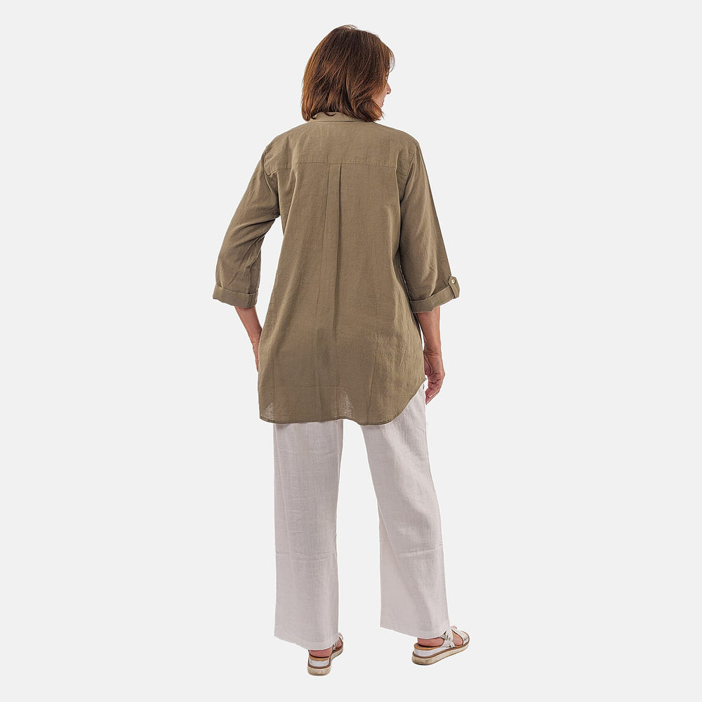 TAMSY Linen Blend Long Line Roll Up Sleeve Blouse (Size L) - Olive