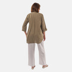 TAMSY Linen Blend Long Line Roll Up Sleeve Blouse (Size L) - Olive