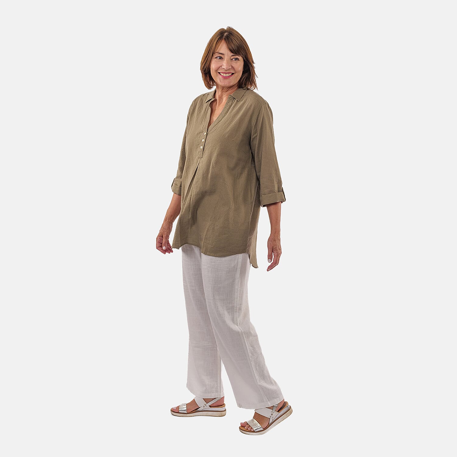TAMSY Linen Blend Long Line Roll Up Sleeve Blouse (Size L) - Olive