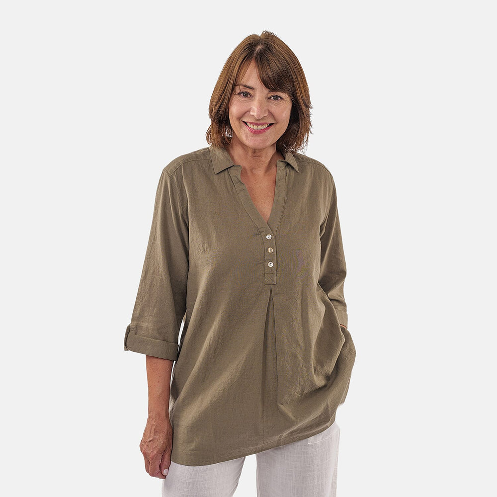 TAMSY Linen Blend Long Line Roll Up Sleeve Blouse (Size L) - Olive