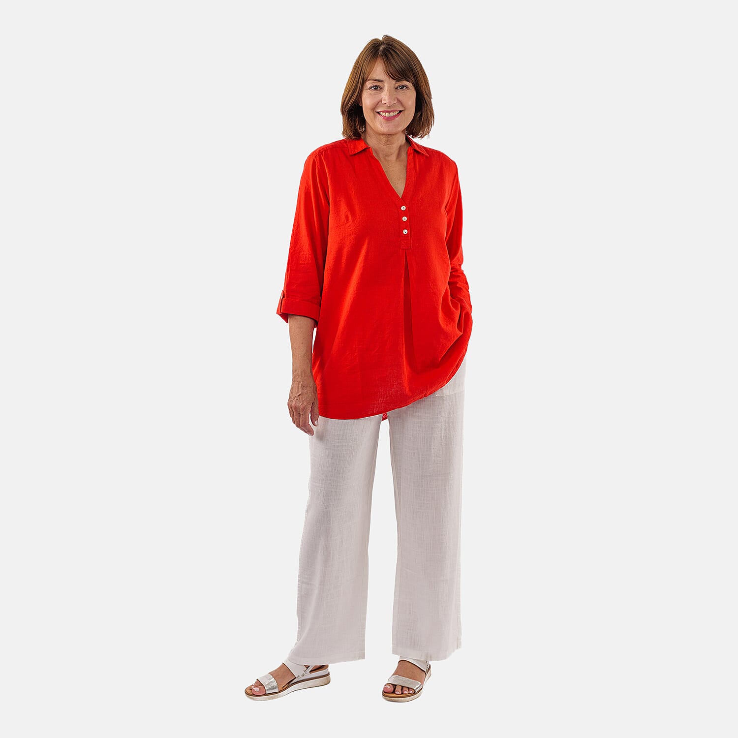 TAMSY Linen Blend Long Line Roll Up Sleeves Blouse (Size XL) - Red