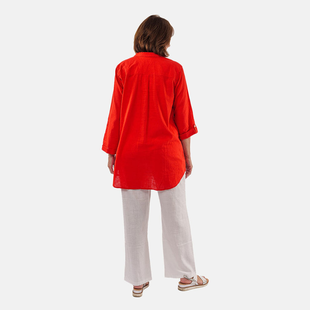 TAMSY Linen Blend Long Line Roll Up Sleeves Blouse (Size XL) - Red