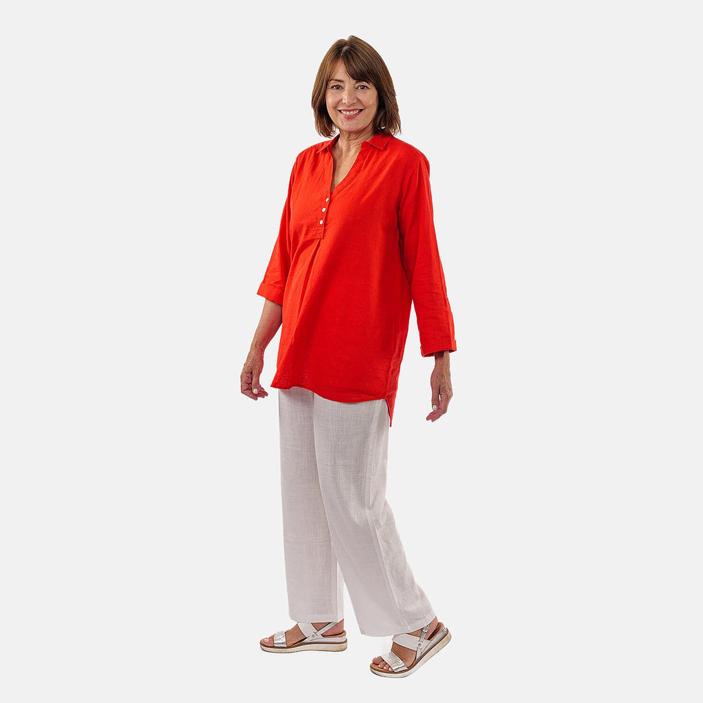 TAMSY Linen Blend Long Line Roll Up Sleeves Blouse (Size XL) - Red