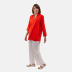 TAMSY Linen Blend Long Line Roll Up Sleeves Blouse (Size XL) - Red