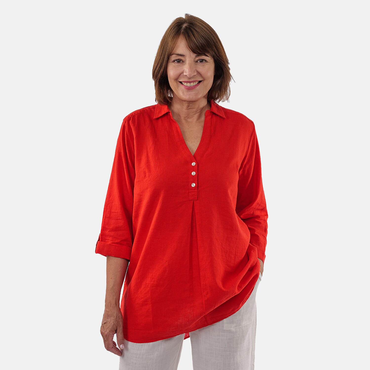 TAMSY Linen Blend Long Line Roll Up Sleeves Blouse (Size XL) - Red