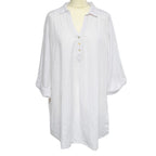 TAMSY Linen Blend Long Line Roll Up Sleeve Blouse (Size XL) - White