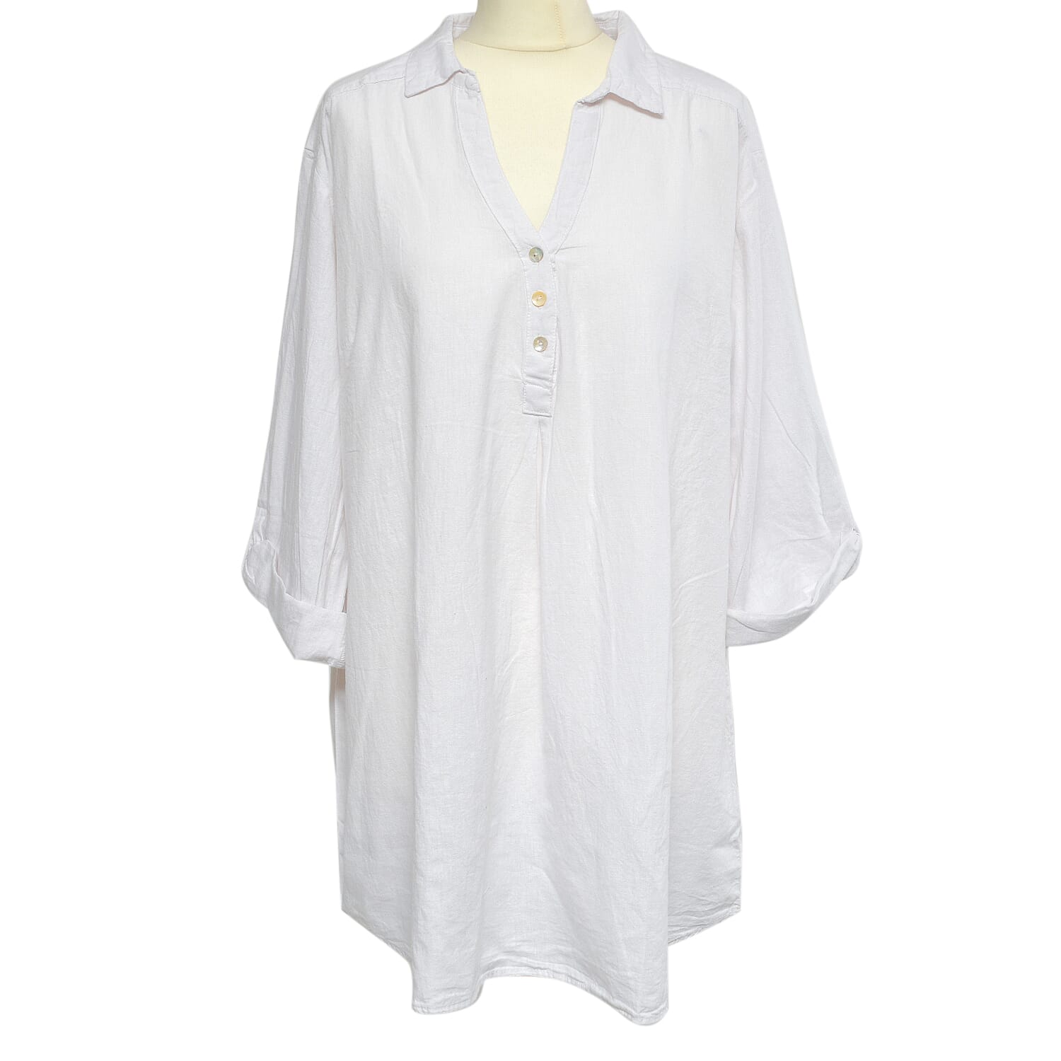 TAMSY Linen Blend Long Line Roll Up Sleeve Blouse (Size XL) - White