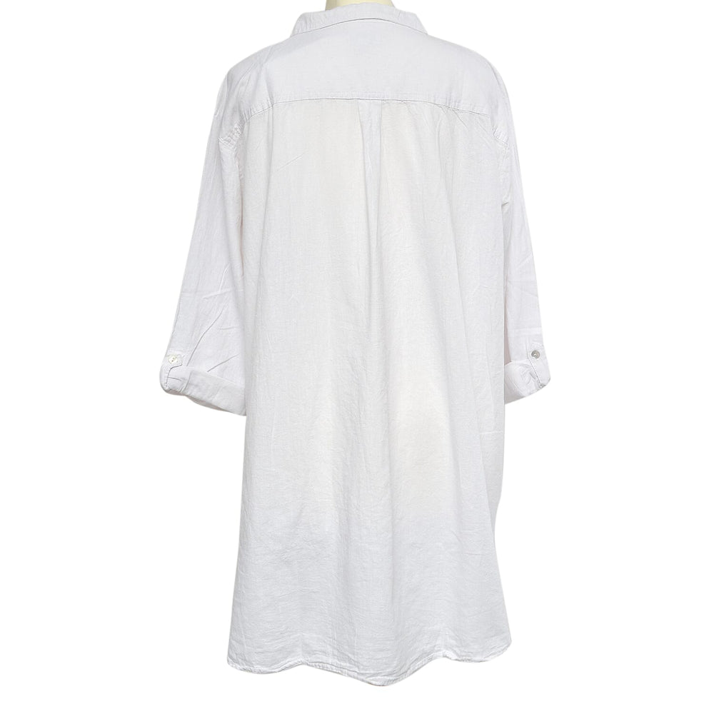 TAMSY Linen Blend Long Line Roll Up Sleeve Blouse (Size XL) - White