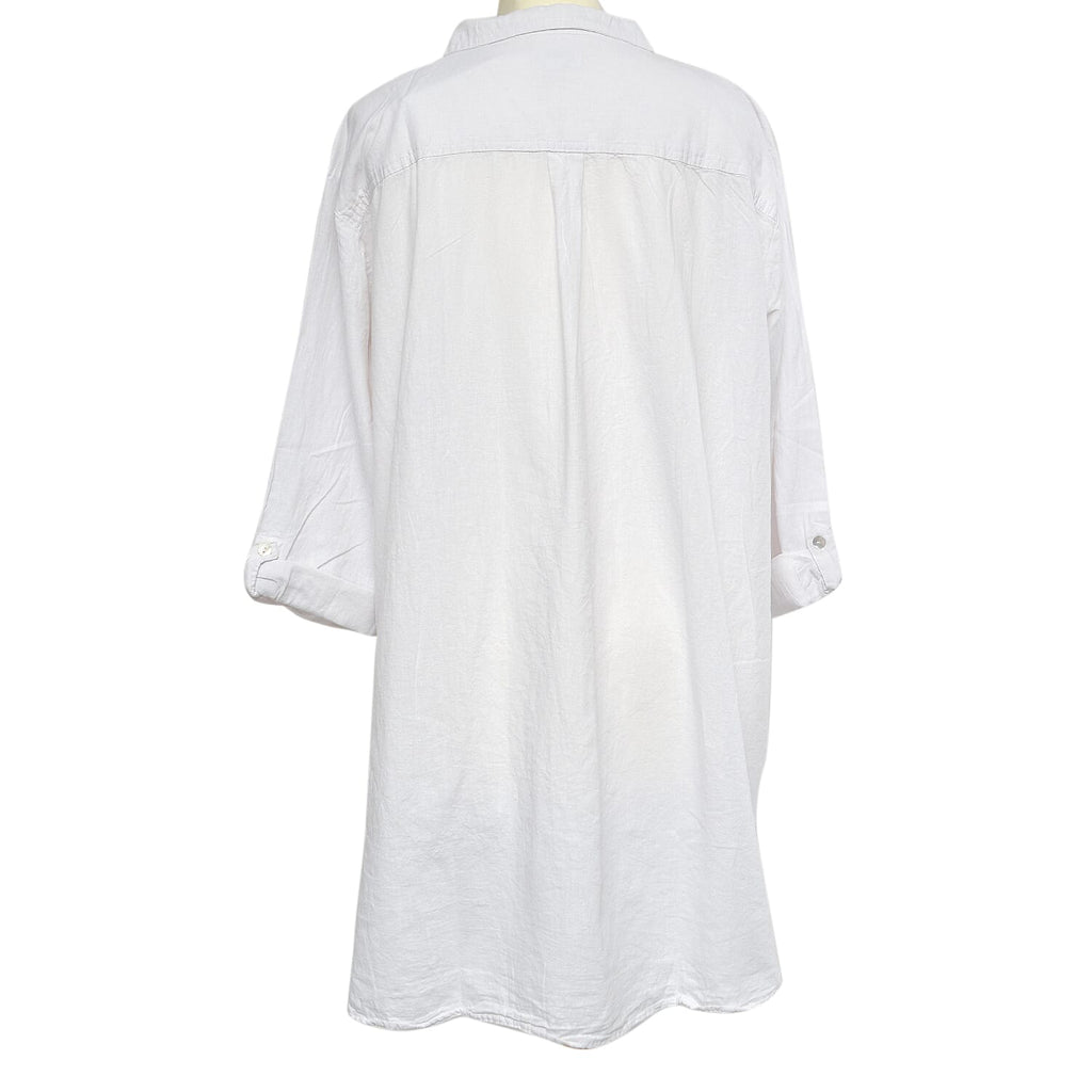 TAMSY Linen Blend Long Line Roll Up Sleeve Blouse (Size XL) - White