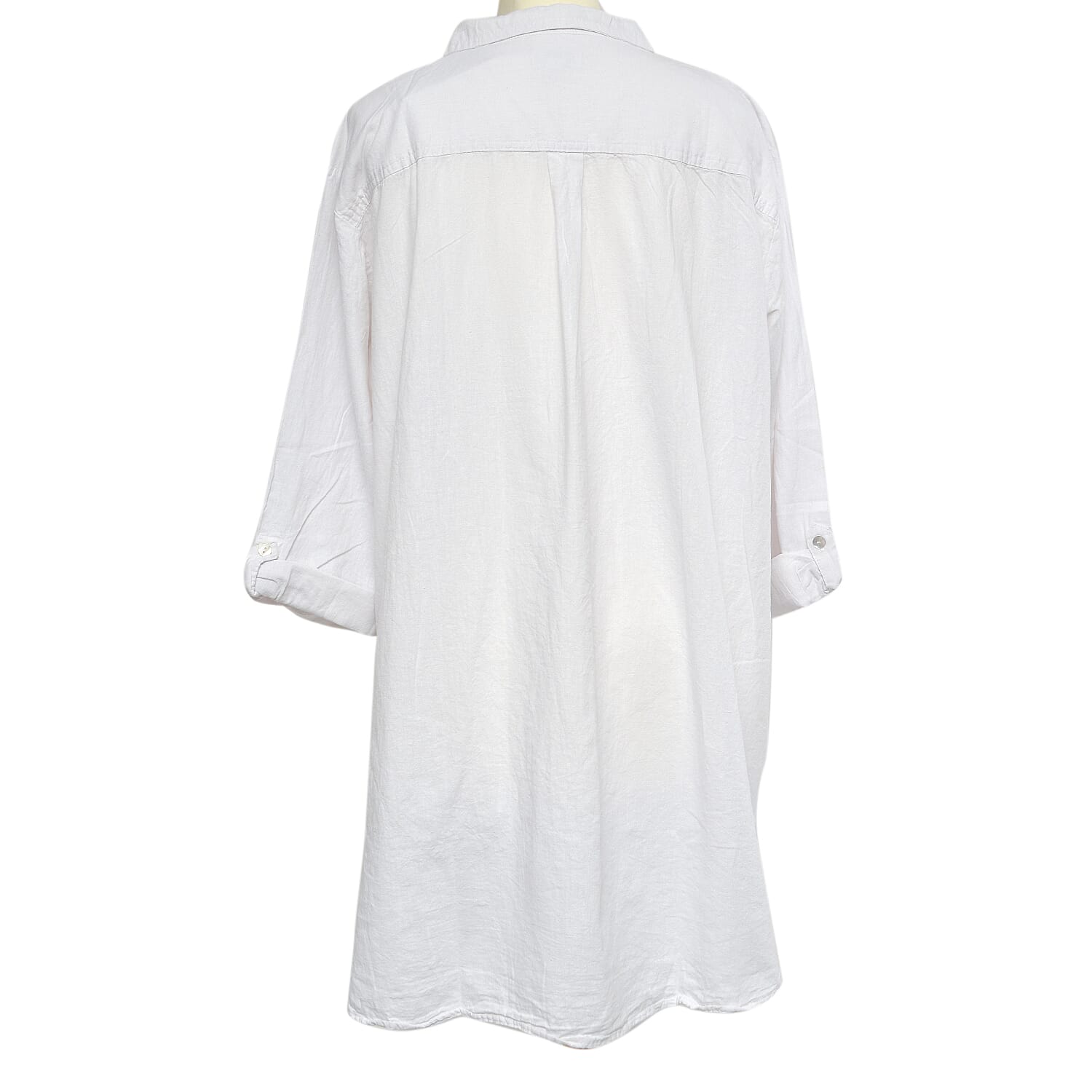 TAMSY Linen Blend Long Line Roll Up Sleeve Blouse (Size XL) - White