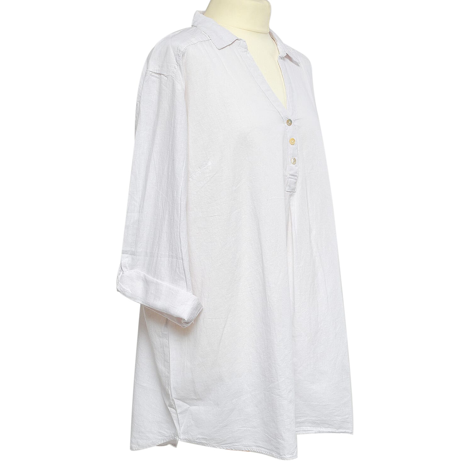 TAMSY Linen Blend Long Line Roll Up Sleeve Blouse (Size XL) - White