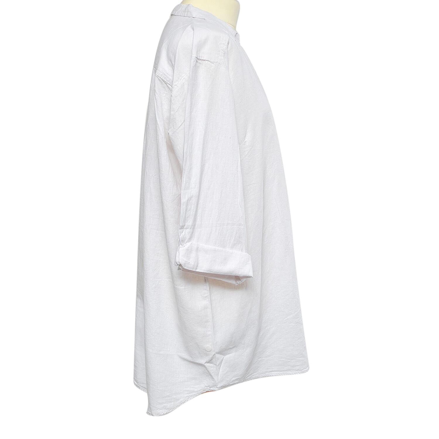 TAMSY Linen Blend Long Line Roll Up Sleeve Blouse (Size XL) - White