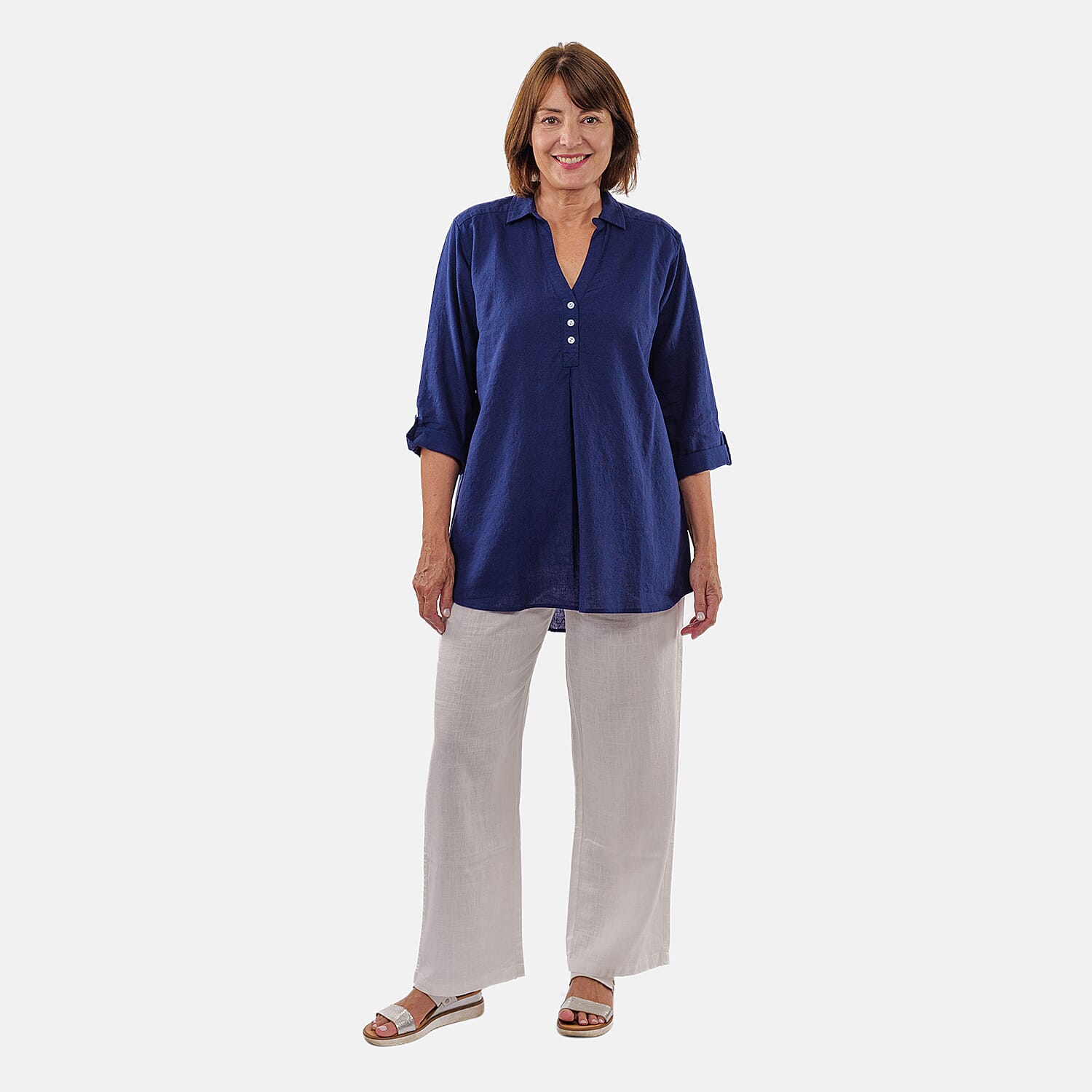 TAMSY Linen Blend Long Line Roll Up Sleeve Blouse (Size XXL) - Navy