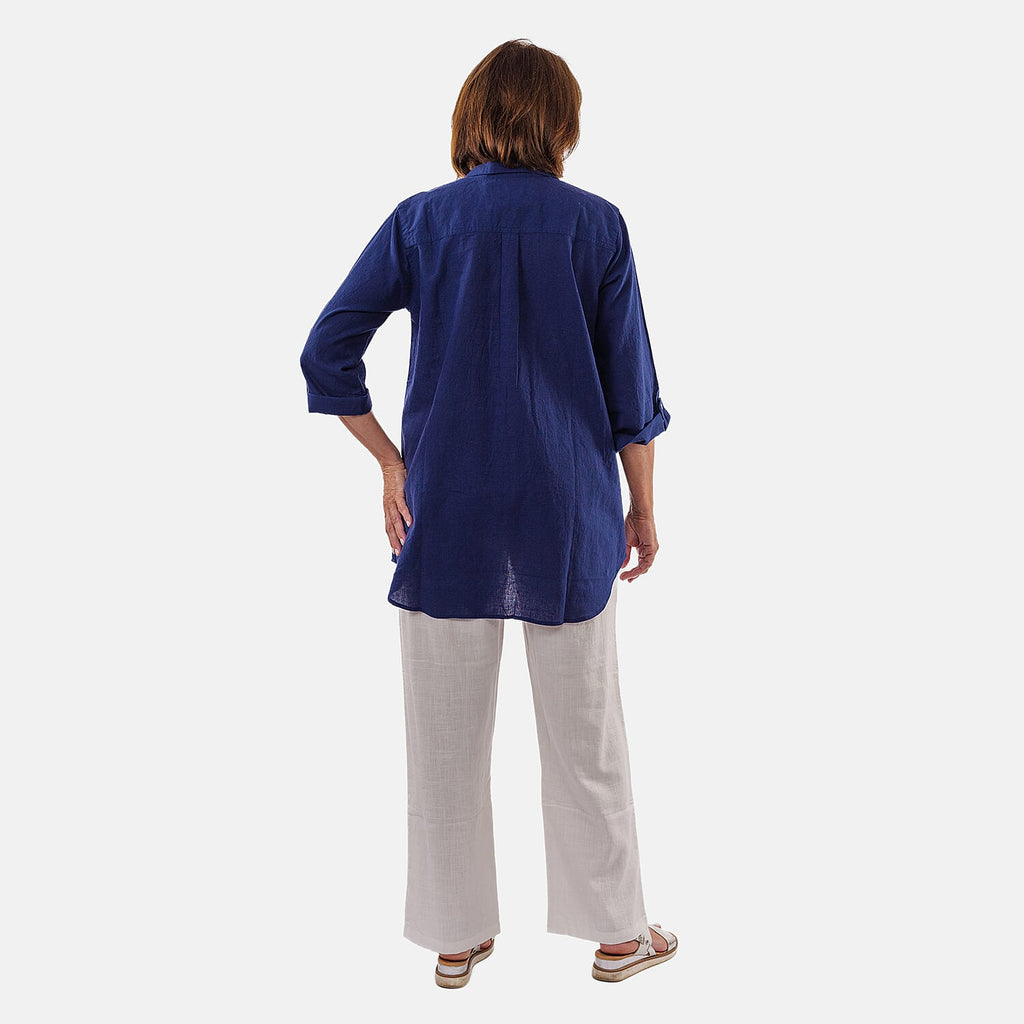TAMSY Linen Blend Long Line Roll Up Sleeve Blouse (Size XXL) - Navy