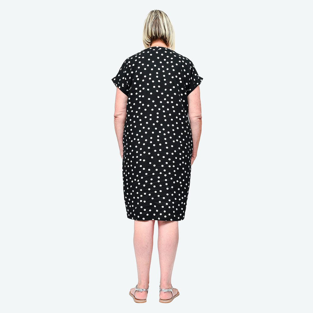 TAMSY Linen Open Neck Half Placket Spot Print Dress with Grown On Sleeve (Size L,16-18) - Black - White