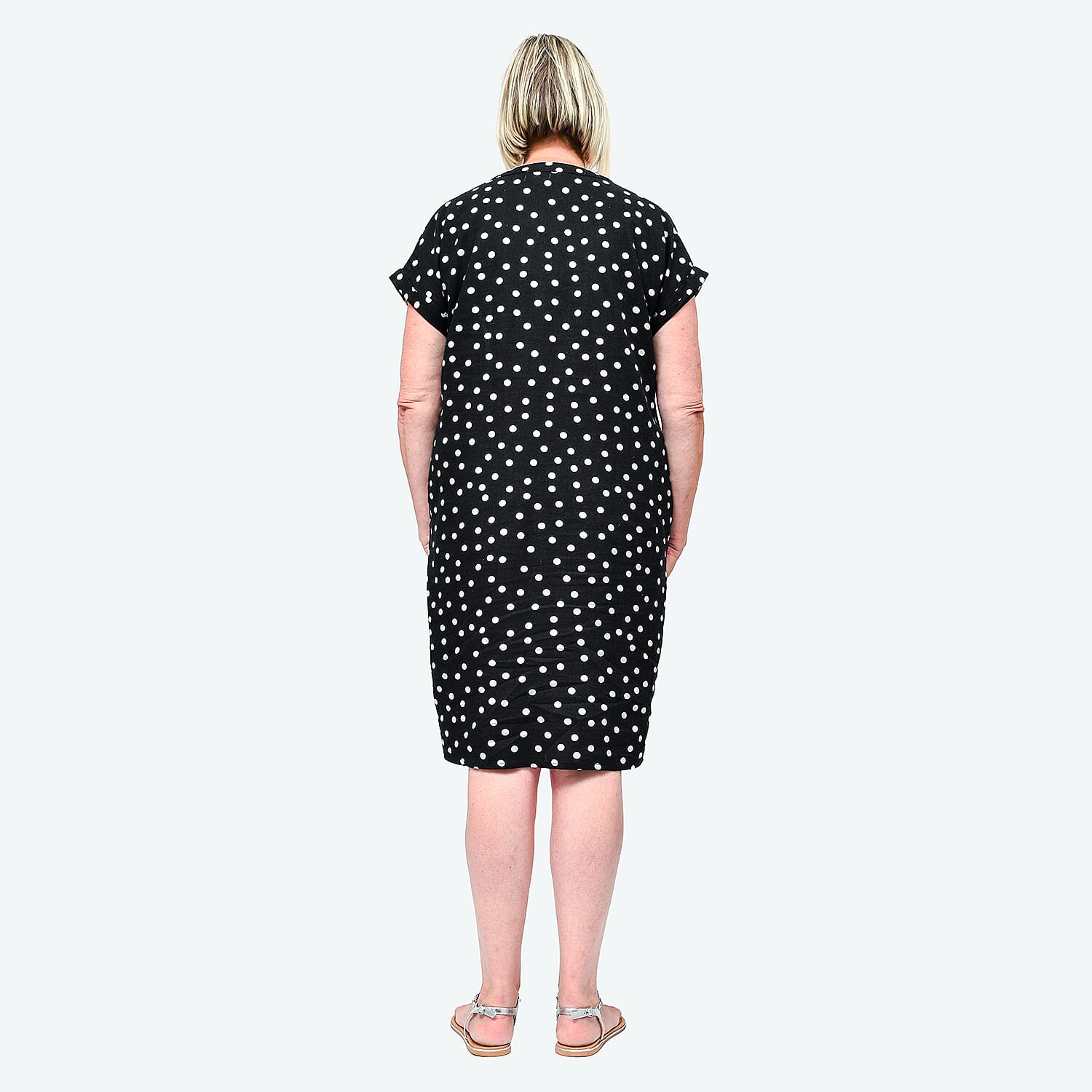 TAMSY Linen Open Neck Half Placket Spot Print Dress with Grown On Sleeve (Size L,16-18) - Black - White