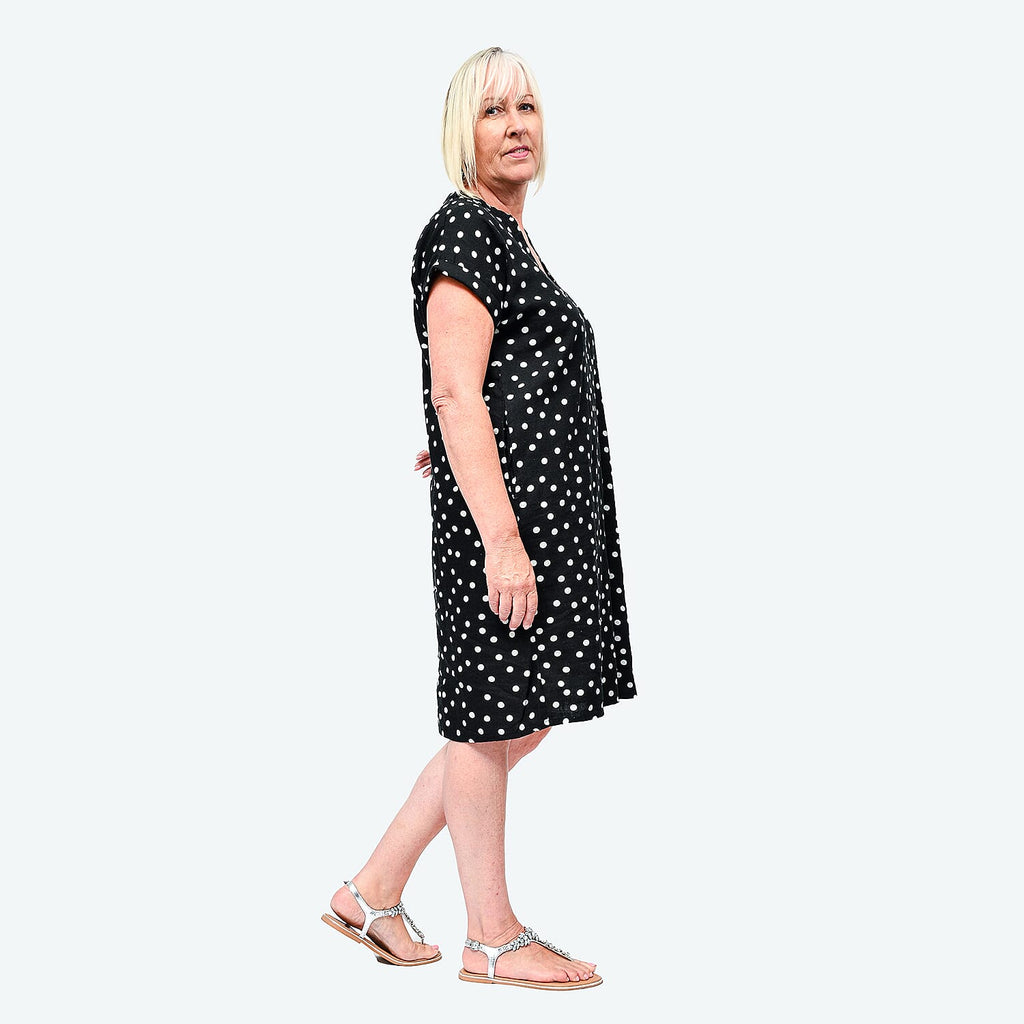 TAMSY Linen Open Neck Half Placket Spot Print Dress with Grown On Sleeve (Size L,16-18) - Black - White