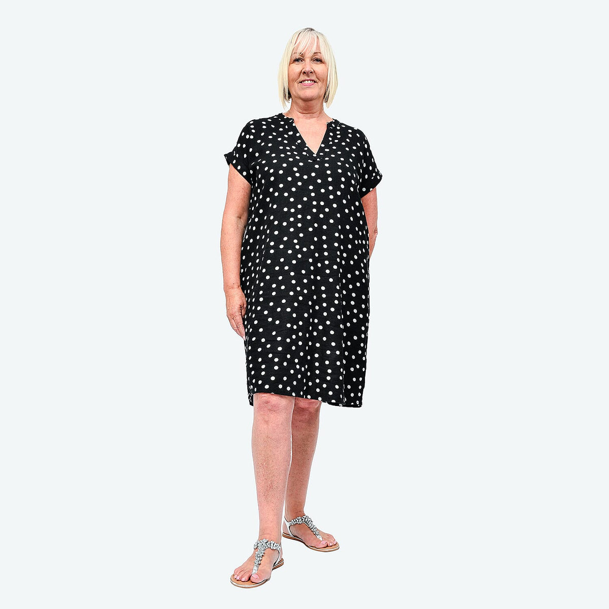TAMSY Linen Open Neck Half Placket Spot Print Dress with Grown On Sleeve (Size L,16-18) -