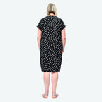 TAMSY Linen Open Neck Half Placket Spot Print Dress with Grown On Sleeve (Size M,12-14) - Black - White