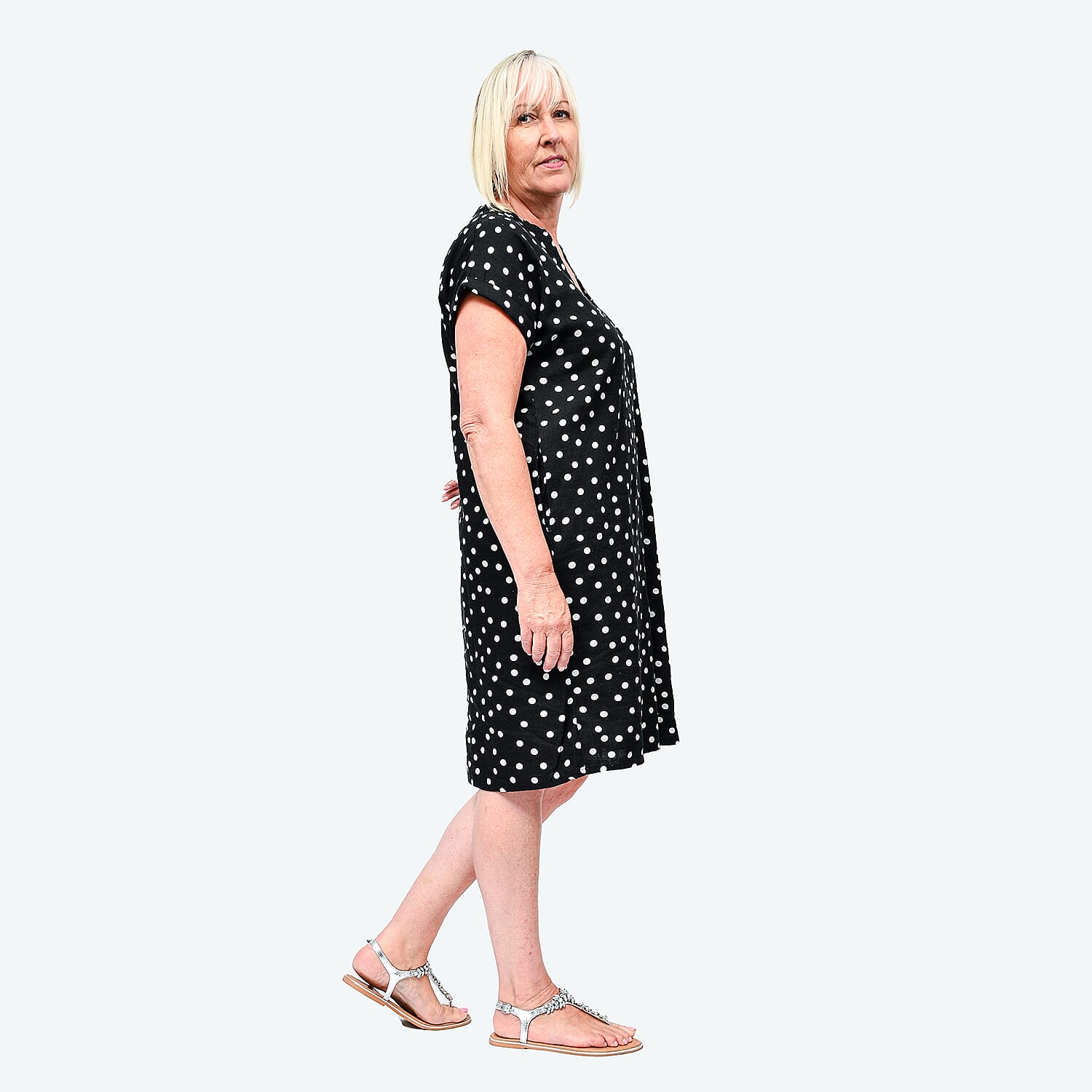 TAMSY Linen Open Neck Half Placket Spot Print Dress with Grown On Sleeve (Size XL,20-22) - Black - White
