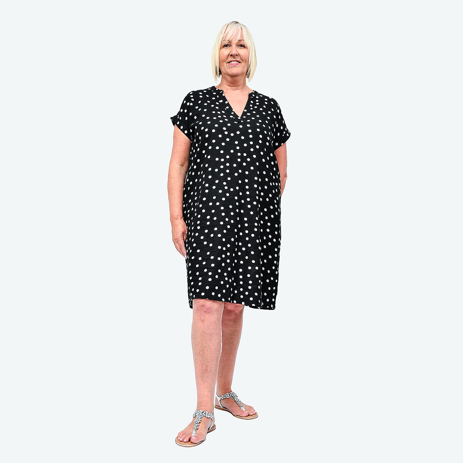 TAMSY Linen Open Neck Half Placket Spot Print Dress with Grown On Sleeve (Size XXL,24-26) - Black - White