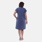 TAMSY Linen Blend Open Neck Half Placket Dress with Grown on Sleeve (Size L,16-18) - Navy - White