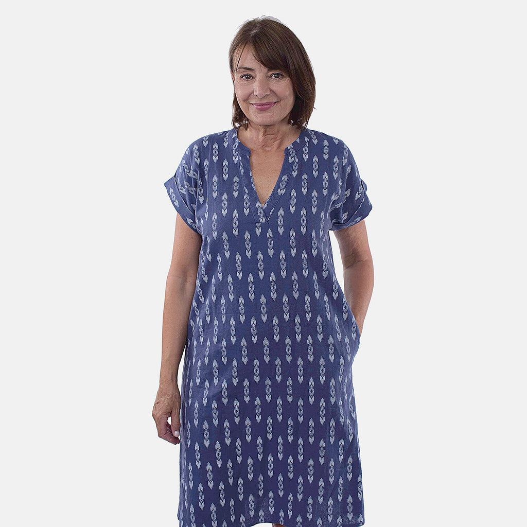 TAMSY Linen Blend Open Neck Half Placket Dress with Grown on Sleeve (Size L,16-18) - Navy - White