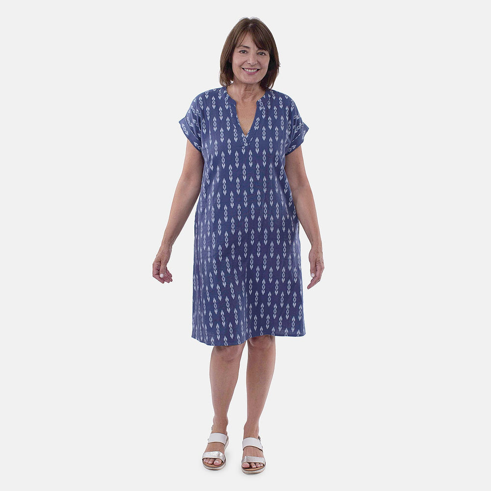 TAMSY Linen Blend Open Neck Half Placket Dress with Grown on Sleeve (Size XXL,24-26) - Navy & White