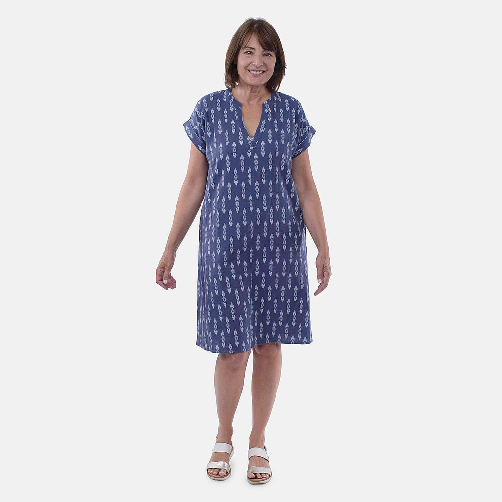 TAMSY Linen Blend Open Neck Half Placket Dress with Grown on Sleeve (Size XXL,24-26) - Navy & White