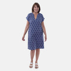 TAMSY Linen Blend Open Neck Half Placket Dress with Grown on Sleeve (Size XXL,24-26) - Navy & White