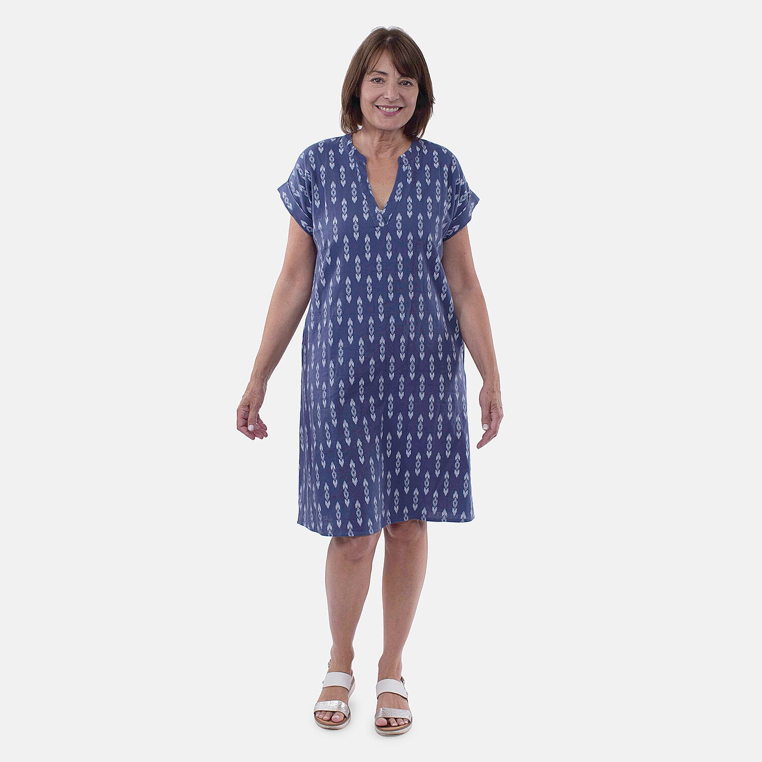 TAMSY Linen Blend Open Neck Half Placket Dress with Grown on Sleeve (Size XXL,24-26) - Navy & White