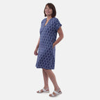 TAMSY Linen Blend Open Neck Half Placket Dress with Grown on Sleeve (Size XXL,24-26) - Navy & White