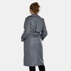 Tamsy Faux Leather Long Belted Coat with Adjustable Cuffs (Size M,12-14) - Dark Grey