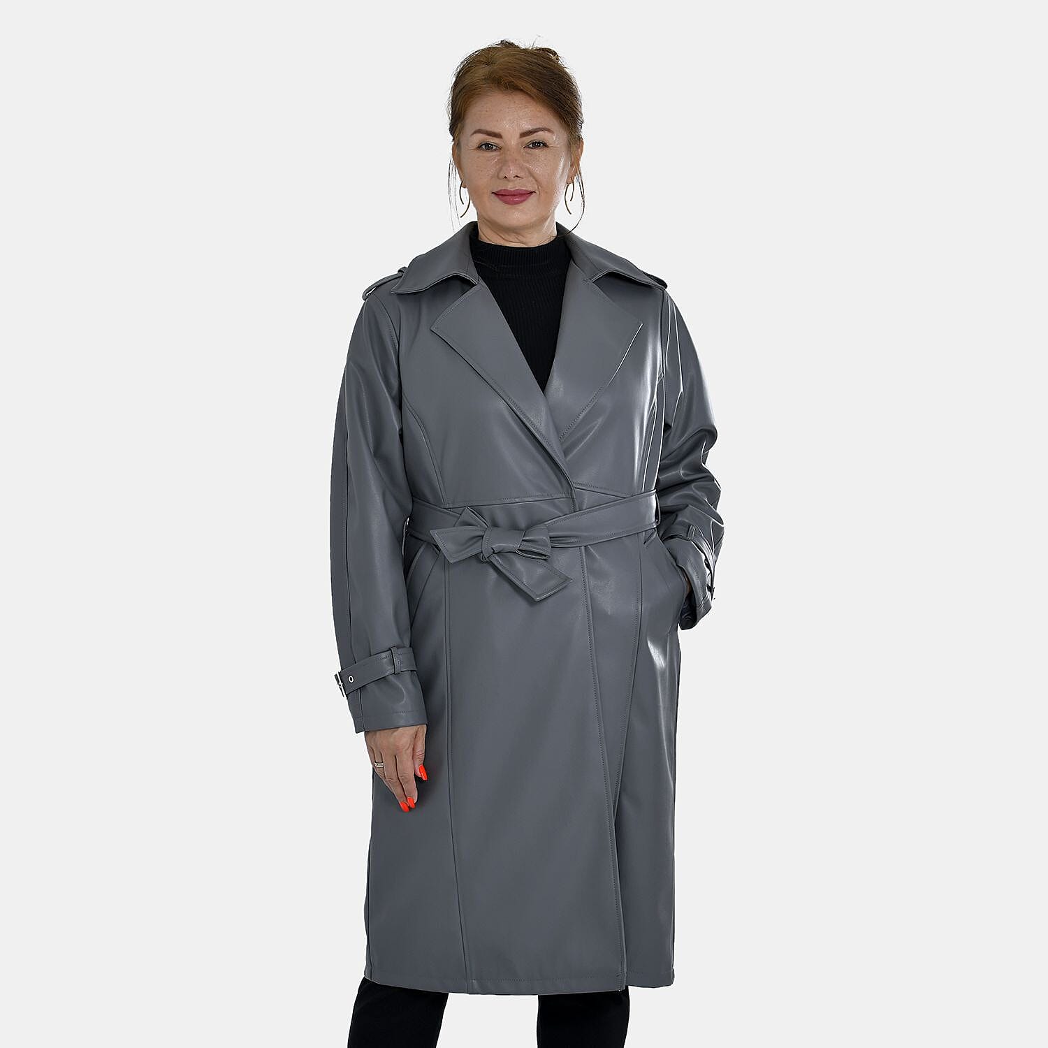 Tamsy Faux Leather Long Belted Coat with Adjustable Cuffs (Size M,12-14) - Dark Grey