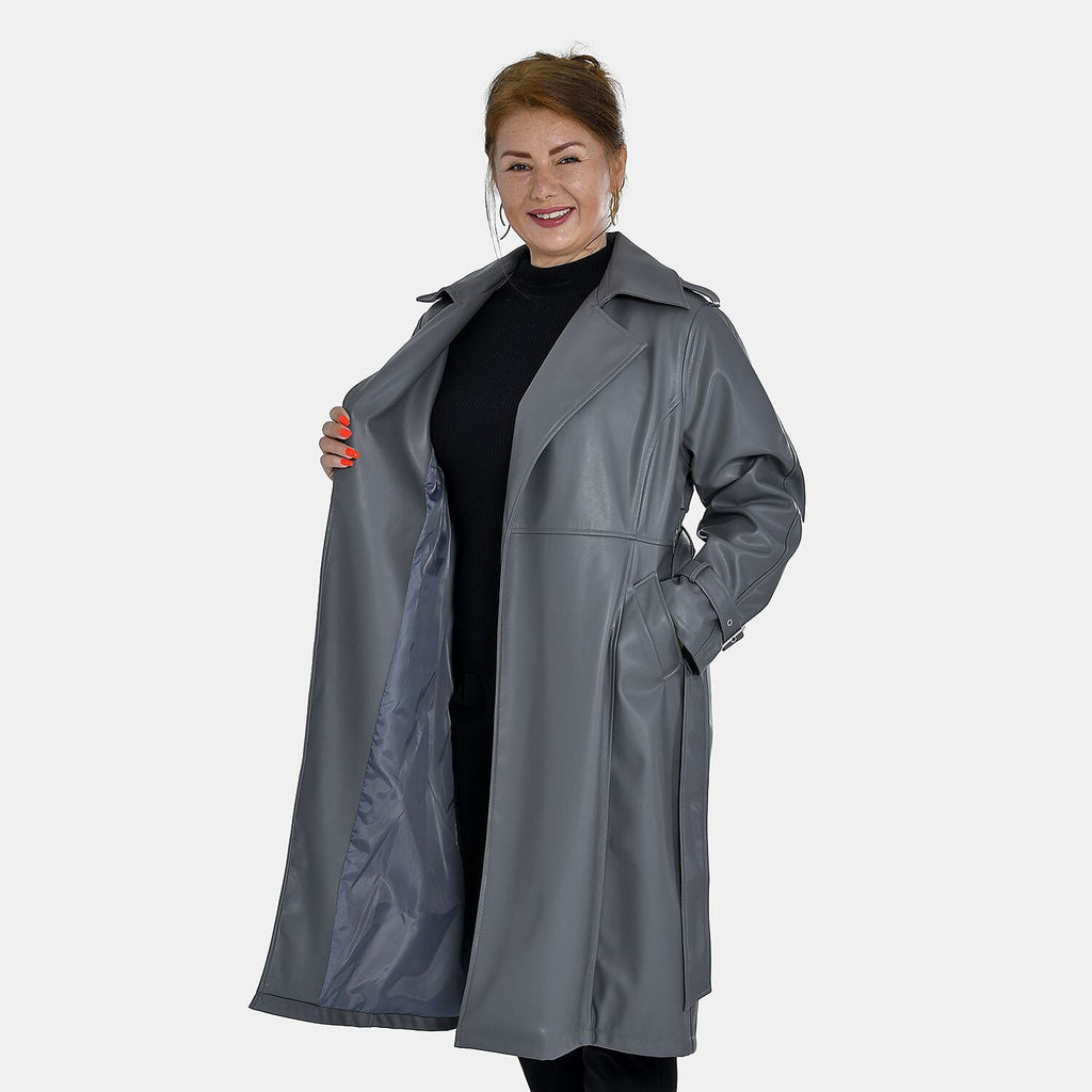 Tamsy Faux Leather Long Belted Coat with Adjustable Cuffs (Size M,12-14) - Dark Grey
