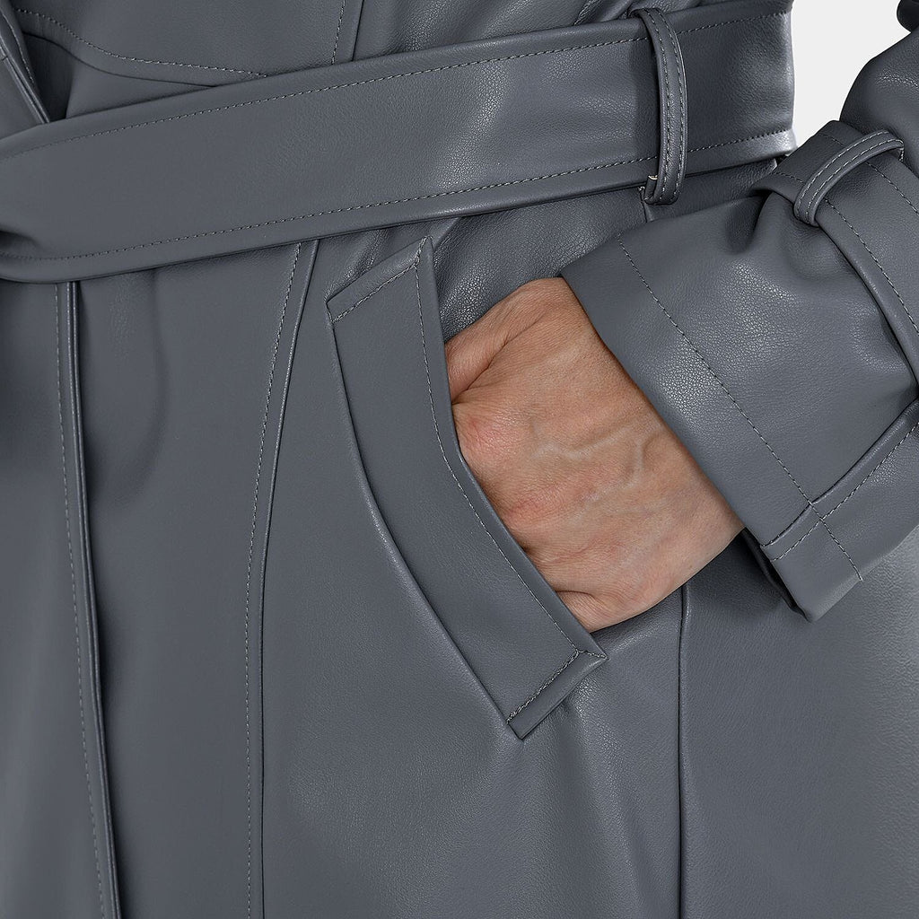 Tamsy Faux Leather Long Belted Coat with Adjustable Cuffs (Size M,12-14) - Dark Grey